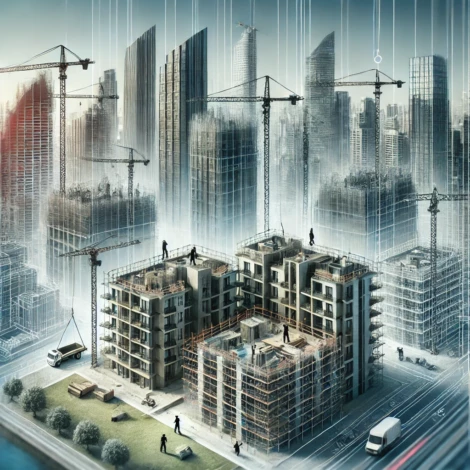Nowoczesna panorama miasta z budującym się budynkiem mieszkalnym. Widać dźwigi, rusztowania i pracowników, co symbolizuje proces budowy domu i możliwość uzyskania kredytu hipotecznego.