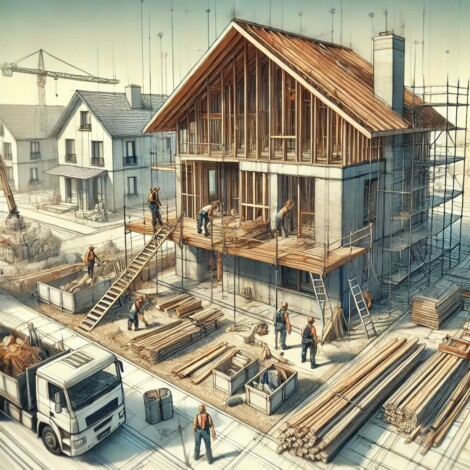 lac budowy z częściowo zbudowanym domem, na którym widać pracowników i materiały budowlane. Scena przedstawia nowoczesny dom w trakcie budowy, z rusztowaniem, drewnianymi belkami i narzędziami budowlanymi, symbolizującym postęp i realizację marzenia o własnym domu.