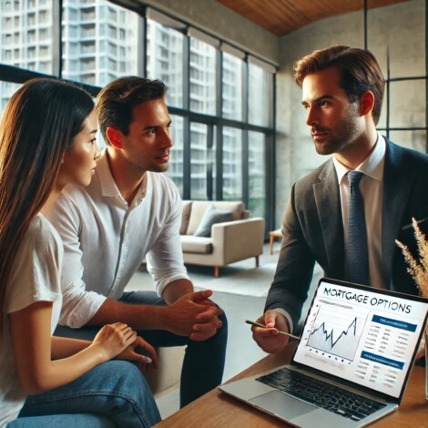 Profesjonalny i przystępny doradca finansowy omawia opcje kredytu hipotecznego z różnorodną parą w nowoczesnym biurze. Doradca używa laptopa do prezentacji szczegółowych wykresów, a para - młoda Azjatka i biały mężczyzna - uważnie słucha i robi notatki. Biuro jest minimalistyczne, z dużym oknem oferującym widok na panoramę miasta, co przekazuje wrażenie profesjonalizmu, zaufania i jasności.